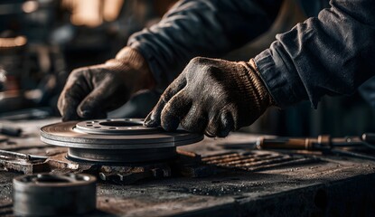 Close-up of hands mounting a brake disc on a workshop table. Dirty gloves, tools, and