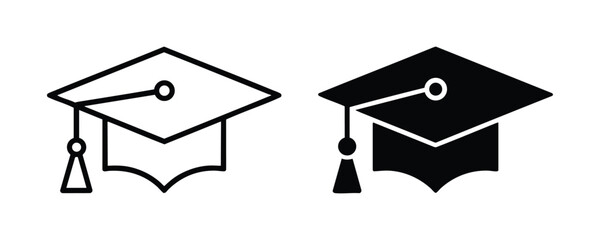 Two graduation caps one outline and one solid black icon for education concepts