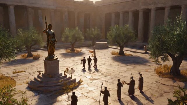 Golden Hour in an Ancient Forum Courtyard &mdash; Bronze Statue and Colonnade