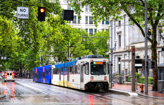 Portland light rail train at Pioneer Courthouse station in downtown Portland, Oregon, United States