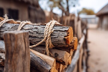 Bundle of firewood tied with rope high resolution picture