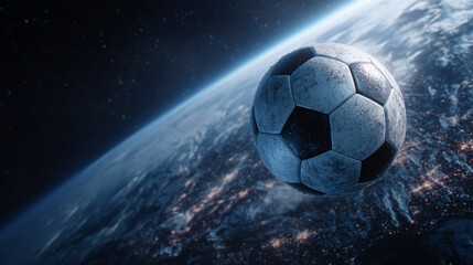 Fototapeta premium A soccer ball floating in space above earth with city lights visible on the planet surface