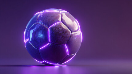 Naklejka premium A soccer ball with neon purple outlines on a purple background in a studio setting and soft lighting