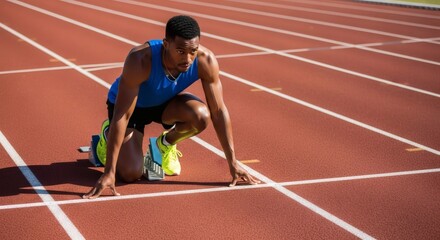 A focused male athlete crouches at the starting line of a red running track, ready to sprint.