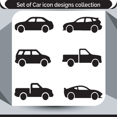 Collection of Car Icon Designs Featuring Different Vehicle Types Sedan, SUV, Station Wagon, Pickup Truck, and Sports Car