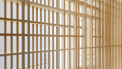 Light-colored wooden room divider with vertical panels and a grid pattern
