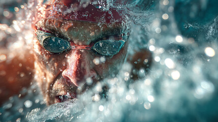 Close up of a swimmer with goggles emerging from the water surrounded by splashing and bubbles