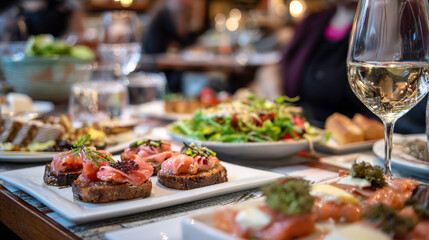 Fototapeta premium Close up of a table filled with various appetizers salad and a glass of white wine at a restaurant