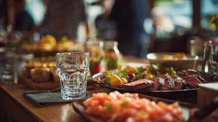 Fototapeta premium A table laden with food featuring a glass of water and various dishes in a blurred background