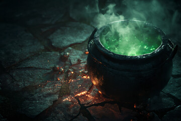 Bubbling cauldron of glowing green liquid, fantasy setting. Dark background, creating mysterious ambiance.