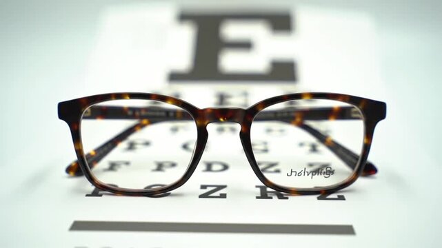 Overhead camera tilt on eyeglasses placed on eye chart, pure white background