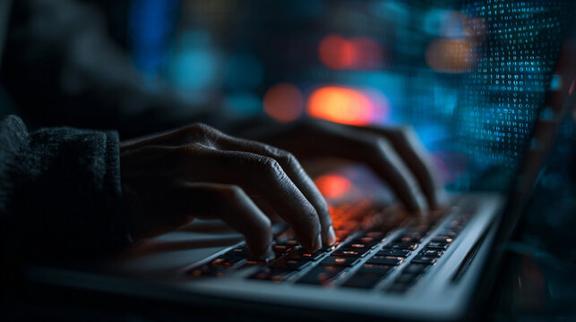 Closeup of hands typing on a laptop keyboard in a dark, modern setting with blurred lights and digital data streams, representing technology and coding