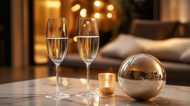 Elegant celebration with sparkling drinks and ambient lighting in a cozy modern setting