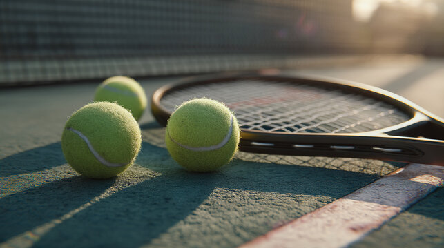 Close up of tennis balls and a racket on a tennis court with sunlight casting shadows on the ground