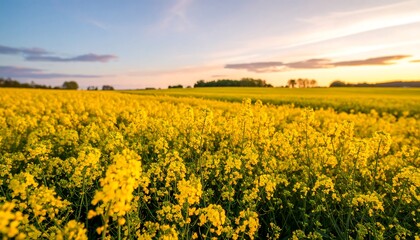 Vast rapeseed field at sunset