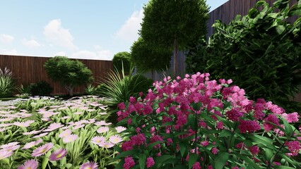 3d image of the landscape design of the home territory. Landscaping of the territory. Computer visualization of composite landscaping and landscaping solutions.