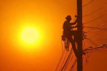 Silhouette of a worker on a utility pole against a bright, golden sunset. Safety and energy industry.
