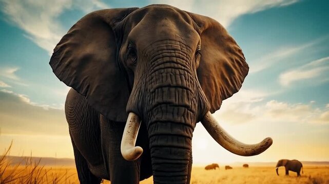 Majestic African Elephant Herd Walking at Sunset for World Elephant Day [with copy space]