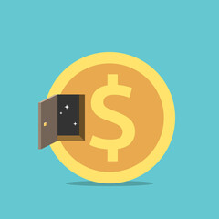 Dollar coin with open door, outer space, dark black sky and stars. Breakthrough, opportunity, wealth, creativity, unknown, innovation and dream concept. Flat design. EPS 8 vector illustration