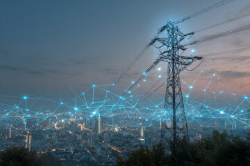 Cityscape power grid: Power transmission tower against skyline, overlaid with a network visualization.