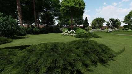 3d image of the landscape design of the home territory. Landscaping of the territory. Computer visualization of composite landscaping and landscaping solutions.