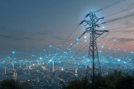 Cityscape power grid: Power transmission tower against skyline, overlaid with a network visualization.