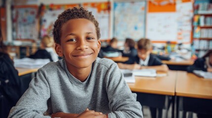 a boy sitting at a desk in a classroom