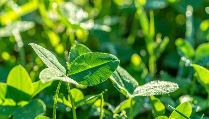 Close-up of vibrant green clover leaves in sunlight.
