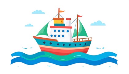 Colorful cartoon ship sailing on waves.
