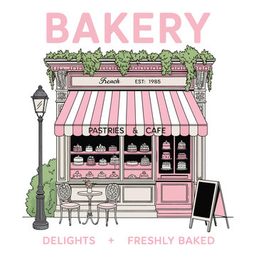 Illustration of a french bakery with cakes and pastries in the window shop on transparent background