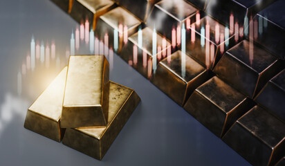 Three gold bars with background stacks and soft candlesticks, concept of portfolio allocation and stability.