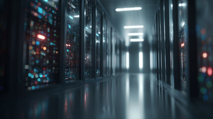 A server room hallway with rows of glowing computer racks and bright lights creating a futuristic atmosphere