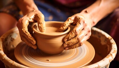 Hands shaping clay bowl on pottery wheel