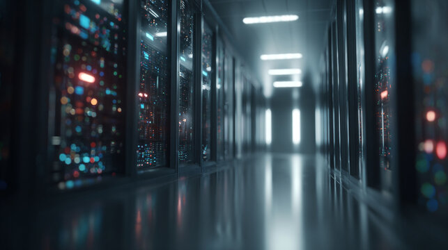 A server room hallway with rows of glowing computer racks and bright lights creating a futuristic atmosphere
