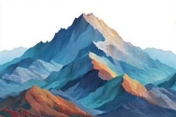 Obraz premium Mountains range with towering peaks in shades of blue and orange, landscape features a scattering of trees, set in outdoor nature