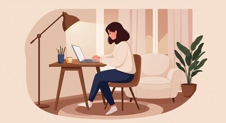 Fototapeta premium Woman working on laptop at desk in cozy home office setting
