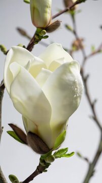 Extreme close-up macro video of a creamy white magnolia flower bud with dew-kissed petals slowly unfolding to reveal a yellow stamen against a minimalist white background with bokeh and soft natural