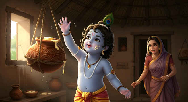 Little Krishna the butter thief with mother Yashoda