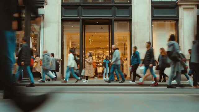 Busy city street with crowds of people walking past a store, creating a dynamic urban scene.