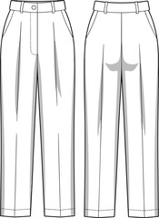 Classic pleated trousers front and back view, fashion flat sketch, formal pants design, unisex clothing template, casual and office wear illustration