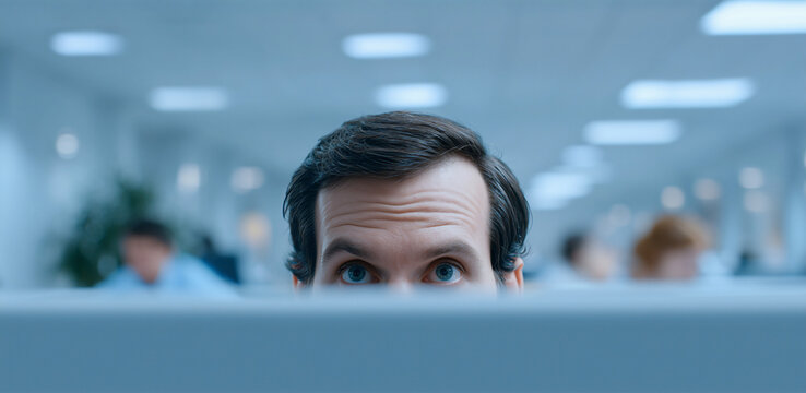 A curious individual gazes intently over a desk in a bright office setting. His focused eyes and expression suggesting deep concentration