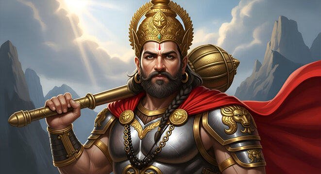 Bhima mighty warrior hero with golden mace and mountains backdrop illustration