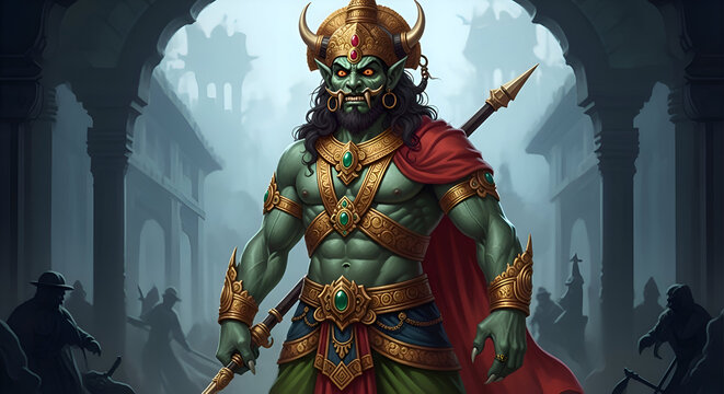 Demon king Ravana with mace in ancient city