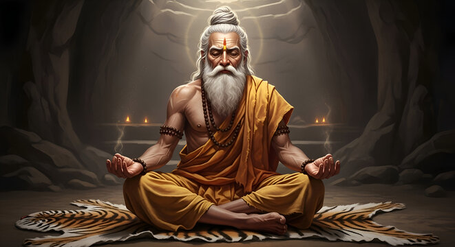 A powerful Hindu rishi meditating on a tiger skin in a cave