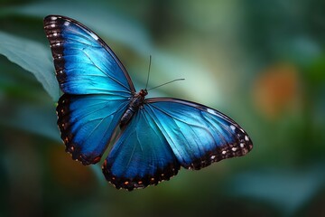 Elegant blue butterfly captured flying in detailed close up portrait
