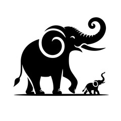 Black and white vector silhouette of an elephant on white background