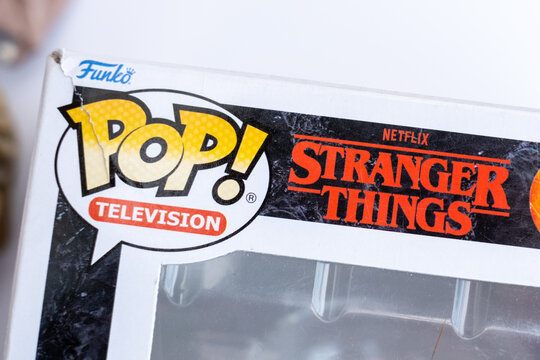 Tallinn, Estonia - July 27, 2025: Funko POP stranger things popular movie character toy box logo. Funko Inc (FNKO) manufactures licensed and limited pop culture collectibles.