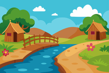 Obraz premium A colorful cartoon village vector illustration of a rural landscape with a house on a green hill under a blue sky