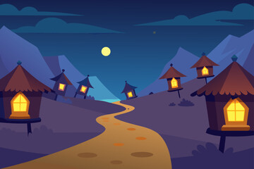 Obraz premium Christmas night landscape of a snowy winter village with a full moon and starry sky