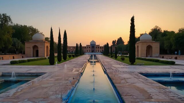 Sunset Over a Symmetrical Persian-Style Garden &mdash; Reflecting Water Channel, Domes and Cypress